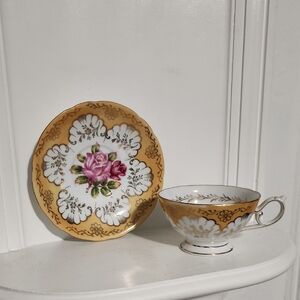 Beautiful yellow orange Teacup and Saucer Set pink cabbage rose floral bouquet